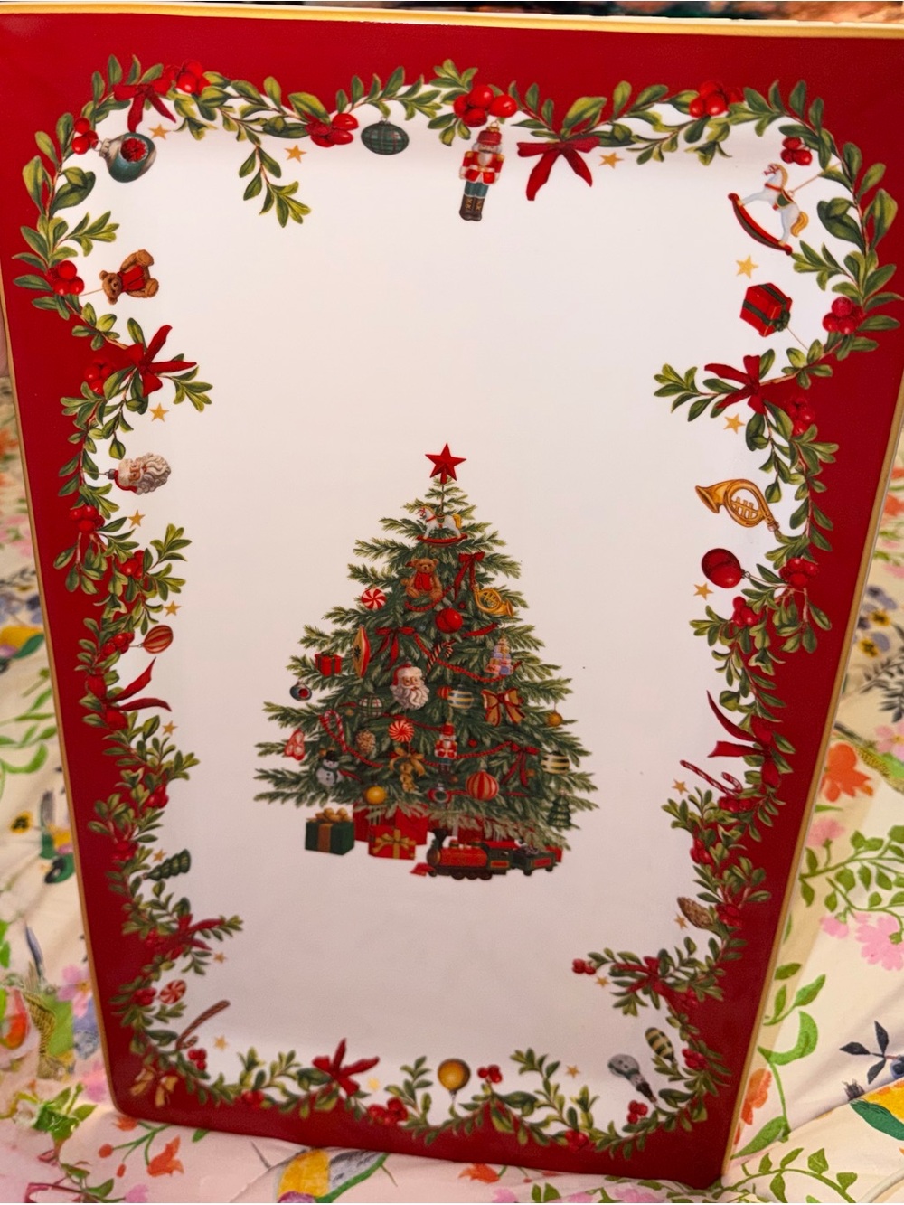Pottery Barn Red & Green Christmas Tree Serving Tray